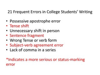 21 Frequent Errors in College Students’ Writing
• Possessive apostrophe error
• Tense shift
• Unnecessary shift in person
• Sentence fragment
• Wrong Tense or verb form
• Subject-verb agreement error
• Lack of comma in a series
*Indicates a more serious or status-marking
error
 