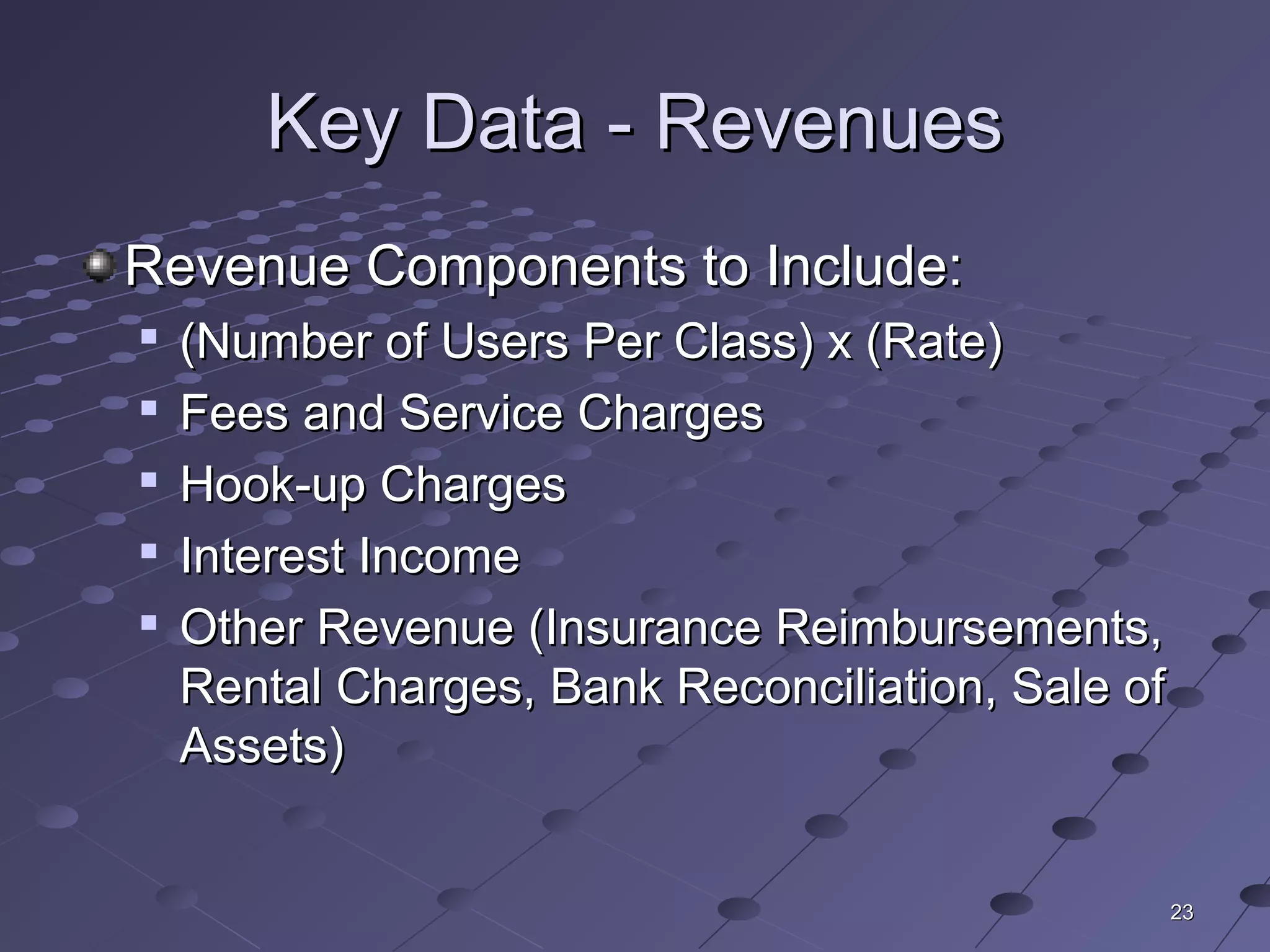 2323
Key Data - RevenuesKey Data - Revenues
Revenue Components to Include:Revenue Components to Include:

(Number of Users Per Class) x (Rate)(Number of Users Per Class) x (Rate)

Fees and Service ChargesFees and Service Charges

Hook-up ChargesHook-up Charges

Interest IncomeInterest Income

Other Revenue (Insurance Reimbursements,Other Revenue (Insurance Reimbursements,
Rental Charges, Bank Reconciliation, Sale ofRental Charges, Bank Reconciliation, Sale of
Assets)Assets)
 