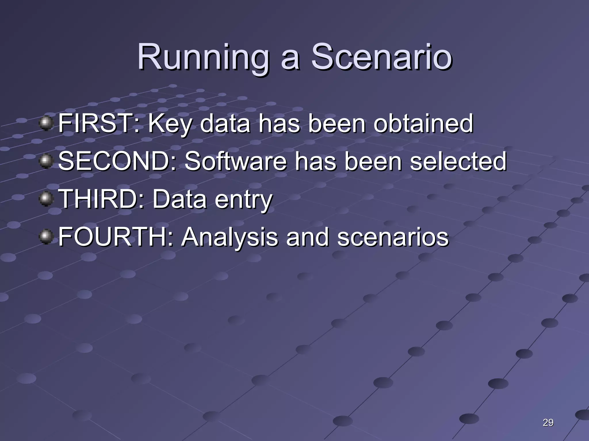 2929
Running a ScenarioRunning a Scenario
FIRST: Key data has been obtainedFIRST: Key data has been obtained
SECOND: Software has been selectedSECOND: Software has been selected
THIRD: Data entryTHIRD: Data entry
FOURTH: Analysis and scenariosFOURTH: Analysis and scenarios
 