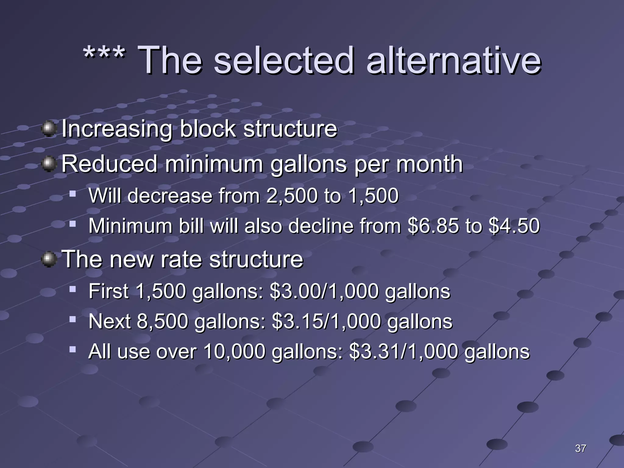 3737
*** The selected alternative*** The selected alternative
Increasing block structureIncreasing block structure
Reduced minimum gallons per monthReduced minimum gallons per month

Will decrease from 2,500 to 1,500Will decrease from 2,500 to 1,500

Minimum bill will also decline from $6.85 to $4.50Minimum bill will also decline from $6.85 to $4.50
The new rate structureThe new rate structure

First 1,500 gallons: $3.00/1,000 gallonsFirst 1,500 gallons: $3.00/1,000 gallons

Next 8,500 gallons: $3.15/1,000 gallonsNext 8,500 gallons: $3.15/1,000 gallons

All use over 10,000 gallons: $3.31/1,000 gallonsAll use over 10,000 gallons: $3.31/1,000 gallons
 