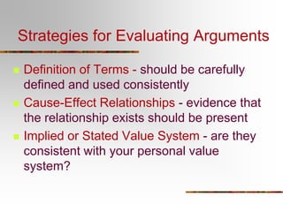Strategies for Evaluating Arguments






Definition of Terms - should be carefully
defined and used consistently
Cause-Effect Relationships - evidence that
the relationship exists should be present
Implied or Stated Value System - are they
consistent with your personal value
system?

 