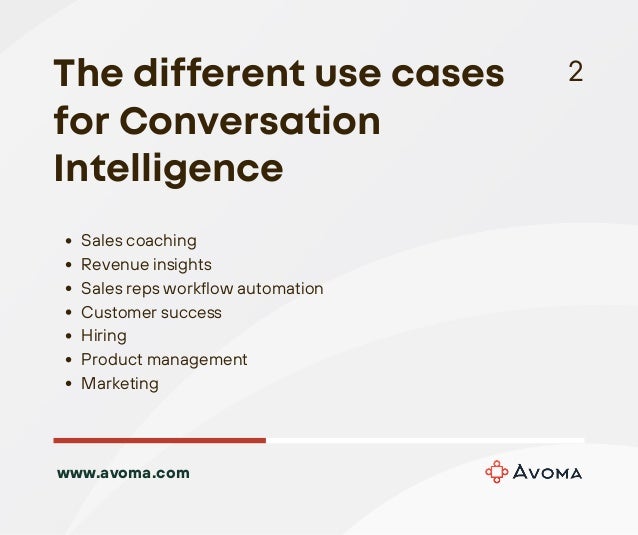 The different use cases
for Conversation
Intelligence
Sales coaching
Revenue insights
Sales reps workflow automation
Customer success
Hiring
Product management
Marketing
2
www.avoma.com
 