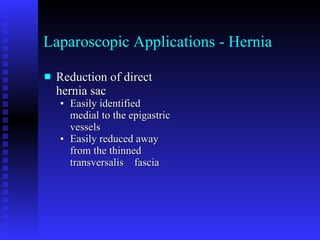 Laparoscopic Applications - Hernia Reduction of direct hernia sac Easily identified medial to the epigastric vessels Easily reduced away from the thinned transversalis  fascia 