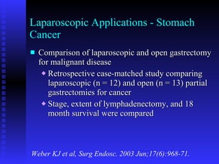 Laparoscopic Applications - Stomach Cancer Comparison of laparoscopic and open gastrectomy for malignant disease Retrospective case-matched study comparing laparoscopic (n = 12) and open (n = 13) partial gastrectomies for cancer Stage, extent of lymphadenectomy, and 18 month survival were compared Weber KJ et al, Surg Endosc. 2003 Jun;17(6):968-71. 