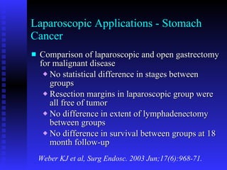 Laparoscopic Applications - Stomach Cancer Comparison of laparoscopic and open gastrectomy for malignant disease No statistical difference in stages between groups Resection margins in laparoscopic group were all free of tumor No difference in extent of lymphadenectomy between groups No difference in survival between groups at 18 month follow-up Weber KJ et al, Surg Endosc. 2003 Jun;17(6):968-71. 