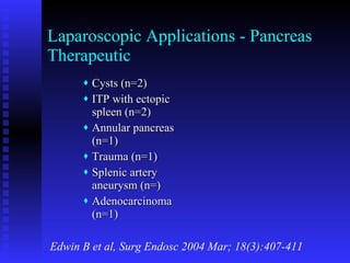 Laparoscopic Applications - Pancreas Therapeutic Cysts (n=2) ITP with ectopic spleen (n=2) Annular pancreas (n=1) Trauma (n=1) Splenic artery aneurysm (n=) Adenocarcinoma (n=1) Edwin B et al, Surg Endosc 2004 Mar; 18(3):407-411 