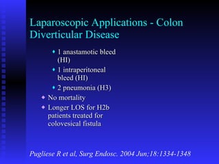 Laparoscopic Applications - Colon Diverticular Disease 1 anastamotic bleed (HI) 1 intraperitoneal bleed (HI) 2 pneumonia (H3) No mortality Longer LOS for H2b patients treated for colovesical fistula Pugliese R et al, Surg Endosc. 2004 Jun;18:1334-1348 