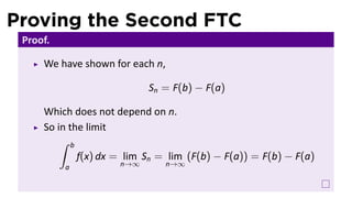 Proving the Second FTC
Proof.
We have shown for each n,
Sn = F(b) − F(a)
Which does not depend on n.
So in the limit
∫ b
a
f(x) dx = lim
n→∞
Sn = lim
n→∞
(F(b) − F(a)) = F(b) − F(a)
 