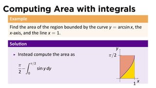Computing Area with integrals
Example
Find the area of the region bounded by the curve y = arcsin x, the
x-axis, and the line x = 1.
Solu on
Instead compute the area as
π
2
−
∫ π/2
0
sin y dy
..
x
.
y
..
1
..
π/2
 