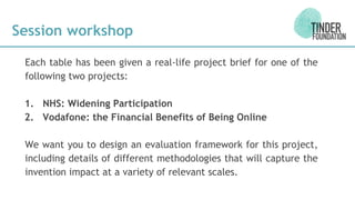Session workshop
Each table has been given a real-life project brief for one of the
following two projects:
1. NHS: Widening Participation
2. Vodafone: the Financial Benefits of Being Online
We want you to design an evaluation framework for this project,
including details of different methodologies that will capture the
invention impact at a variety of relevant scales.
 