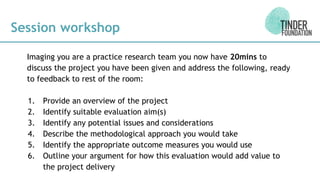 Imaging you are a practice research team you now have 20mins to
discuss the project you have been given and address the following, ready
to feedback to rest of the room:
1. Provide an overview of the project
2. Identify suitable evaluation aim(s)
3. Identify any potential issues and considerations
4. Describe the methodological approach you would take
5. Identify the appropriate outcome measures you would use
6. Outline your argument for how this evaluation would add value to
the project delivery
Session workshop
 