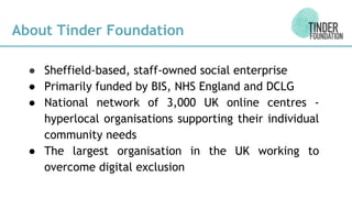 About Tinder Foundation
● Sheffield-based, staff-owned social enterprise
● Primarily funded by BIS, NHS England and DCLG
● National network of 3,000 UK online centres -
hyperlocal organisations supporting their individual
community needs
● The largest organisation in the UK working to
overcome digital exclusion
 