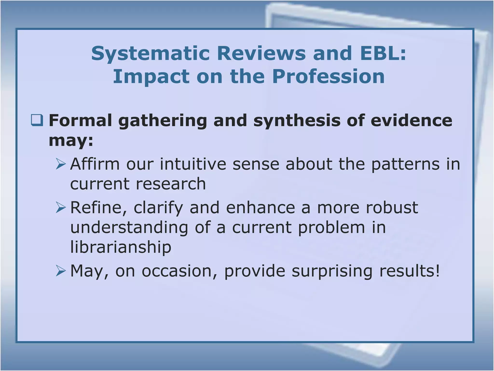Analysis: Reason for variation:Nature of questions asked is contingent on context in which satisfaction was measured [correlate to guidelines, librarian behaviors, reference interviews, etc.]