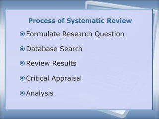 Systematic Reviews: When Are They Useful?Too much information in disparate sourcesToo little information, hard to find all of the researchHelp achieve consensus on debatable issuesPlan for new researchProvide teaching/learning materials