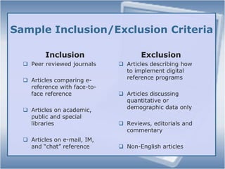 AnalysisResearch QuestionsResearch question formulationDescription of the parties involved in the studies (librarians and patrons, for ex.)What was being studied (effectiveness of instructional mode, for ex.)The outcomes and how they can be compared What data should be collected for this purpose (either student surveys or pre/post tests, etc.)