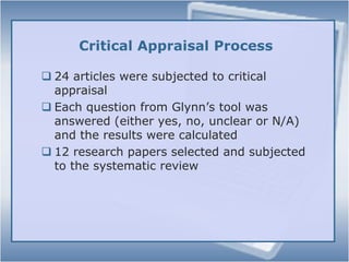 Sample Inclusion/Exclusion Criteria		InclusionPeer reviewed journalsArticles comparing e-reference with face-to-face referenceArticles on academic, public and special librariesArticles on e-mail, IM, and “chat” reference		ExclusionArticles describing how to implement digital reference programsArticles discussing quantitative or demographic data onlyReviews, editorials and commentaryNon-English articles