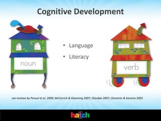 Cognitive Development


                                      • Language
                                      • Literacy




see reviews by Penuel et al. 2009; McCarrick & Xiaoming 2007; Glaubke 2007; Clements & Sarama 2003
 