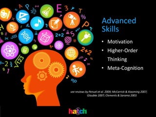 Advanced
                         Skills
                         • Motivation
                         • Higher-Order
                              Thinking
                         • Meta-Cognition



(see reviews by Penuel et al. 2009; McCarrick & Xiaoming 2007;
              Glaubke 2007; Clements & Sarama 2003
 