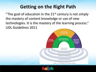 Getting on the Right Path
“The goal of education in the 21st century is not simply
the mastery of content knowledge or use of new
technologies. It is the mastery of the learning process.”
UDL Guidelines 2011
 