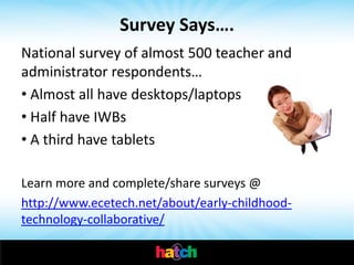 Survey Says….
National survey of almost 500 teacher and
administrator respondents…
• Almost all have desktops/laptops
• Half have IWBs
• A third have tablets

Learn more and complete/share surveys @
http://www.ecetech.net/about/early-childhood-
technology-collaborative/
 