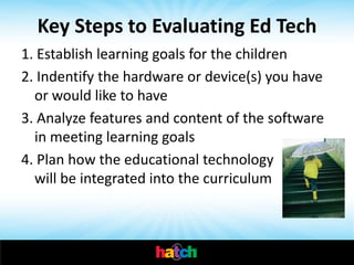 Key Steps to Evaluating Ed Tech
1. Establish learning goals for the children
2. Indentify the hardware or device(s) you have
  or would like to have
3. Analyze features and content of the software
  in meeting learning goals
4. Plan how the educational technology
  will be integrated into the curriculum
 