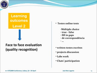 Face to face evaluation (quality recognition) Testes online tests Múltiple choice true - false fill in gaps de correspondência … written testes escritos projects discussion  Labs work Chats’ participation m- ICTE2009 Conference, Lisboa, 22—24 April  José Reis Lagarto Learning outcomes Level 2 