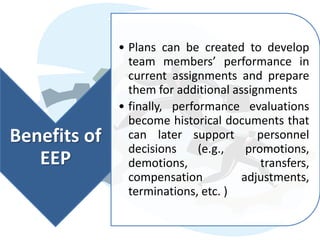 • Plans can be created to develop
                team members’ performance in
                current assignments and prepare
                them for additional assignments
              • finally, performance evaluations
                become historical documents that
Benefits of     can later support        personnel
                decisions     (e.g.,   promotions,
   EEP          demotions,                transfers,
                compensation          adjustments,
                terminations, etc. )
 