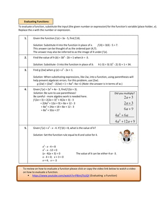 Evaluating Functions:
To evaluate a function, substitute the input (the given number or expression) for the function's variable (place holder, x).
Replace the x with the number or expression.
1. Given the function f (x) = 3x - 5, find f (4).
Solution: Substitute 4 into the function in place of x. f (4) = 3(4) - 5 = 7.
This answer can be thought of as the ordered pair (4,7).
The answer may also be referred to as the image of 4 under f (x).
2. Find the value of h (b) = 3b2
- 2b + 1 when b = -3.
Solution: Substitute -3 into the function in place of b. h (-3) = 3(-3)2
- 2(-3) + 1 = 34.
3. Find g (2w) when g (x) = x2
- 2x + 1.
Solution: When substituting expressions, like 2w, into a function, using parentheses will
help prevent algebraic errors. For this problem, use (2w).
g (2w) = (2w)2
- 2(2w) + 1 = 4w2
- 4w +1 (Note: the answer is in terms of w.)
4. Given f (x) = 2x2
+ 4x - 3, find f (2a + 3).
Solution: Be sure to use parentheses!
Be careful - more algebra work is needed here.
f (2a + 3) = 2(2a + 3)2
+ 4(2a + 3) - 3
= 2(4a2
+ 12a + 9) + 8a + 12 - 3
= 8a2
+ 24a + 18 + 8a + 12 - 3
= 8a2
+ 32a + 27
Did you multiply?
5. Given f (x) = x2
- x - 4. If f (k) = 8, what is the value of k?
Solution: Set the function rule equal to 8 and solve for k.
x2
- x - 4 = 8
x2
- x - 12 = 0
(x - 4)(x + 3) = 0
x - 4 = 0; x + 3 = 0
x = 4; x = -3
The value of k can be either 4 or -3.
To review on how to evaluate a function please click or copy the video link below to watch a video
on how to evaluate a function.
 https://www.youtube.com/watch?v=PBimjTtsJQY (Evaluating a Function)
 