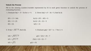 Unlock the Process
Fill in the missing number/variable represented by (?) in each given function to unlock the process of
evaluating function.
1. Evaluate f(x) = -5 + 3x for x = 4. 2. Given h(x) = x2 – 3x + 5, find h(-2)
f(?) = -5 + 3(4) h(-2) = (?)2 – 3(?) + 5
f(?) = -5 + (?) h(-2) = (?) – (?) + 5
f(?) = (?) h(?) = 15
3. If t(x) = 4𝑥 − 7, find t(3). 4. Evaluate g(x) = 2x3 + x – 7 for x =1
t(3) = 4(? ) − 7 g(1) = 2(1) + (?) – 7
t(?) = (? ) − 7 (?)(1) = (?) + (?) – 7
t(?) = (? ) g(1) = (?)
 