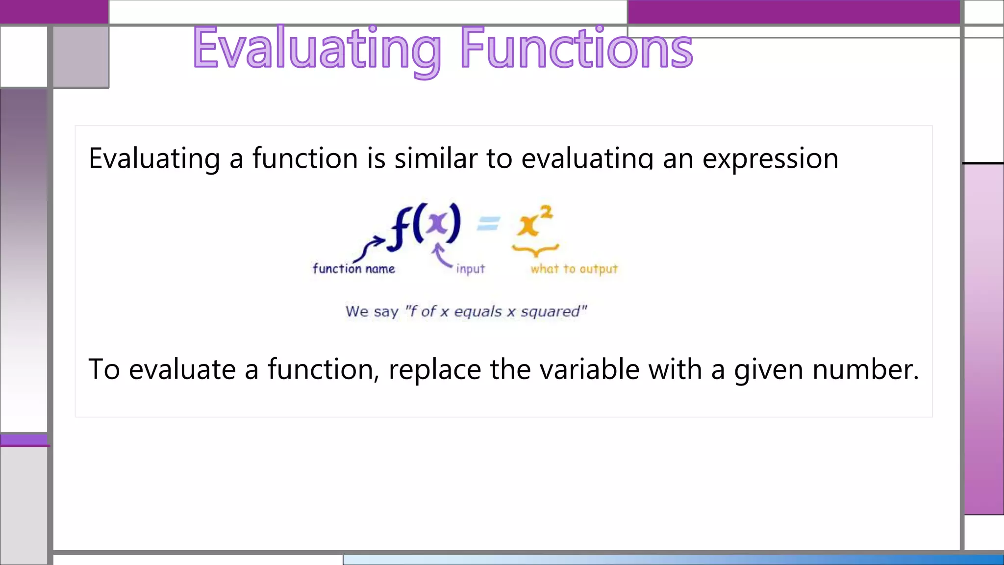 Evaluating a function is similar to evaluating an expression
To evaluate a function, replace the variable with a given number.
