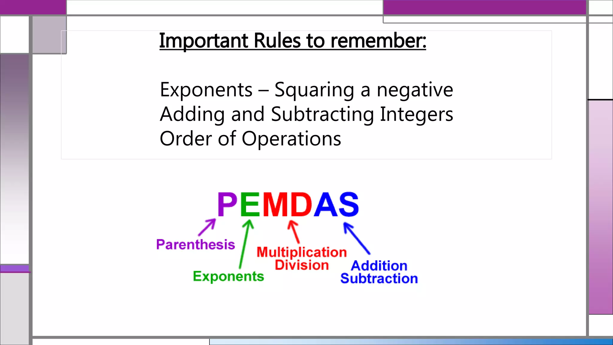 Important Rules to remember:
Exponents – Squaring a negative
Adding and Subtracting Integers
Order of Operations