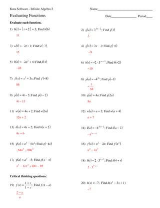 Evaluating functions worksheet algebra 2 answers