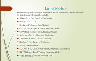 Dr.A.karthikeyan MBA.,Ph.D.,
List of Models
There are many well-developed, established models that trainers can use. Although
not an extensive list, examples include:
 Kirkpatrick’s Four Levels of Evaluation
 Phillips’ ROI Model
 Brinkerhoff’s Success Case Method
 CIRO (Context, Input, Reaction, Outcome) Model
 CIPP Model (Context, Input, Process, Product)
 Anderson’s Model of Learning Evaluation
 The Johari Window (Luft and Ingham)
 Kaufman’s Five Levels of Evaluation
 Holton’s Evaluation Model
 SOAP-M (Self, Other, Achievements, Potential, Meta-analysis)
 IBTEM (Impact Based Training Evaluation Model)
 Sales Training Evaluation Model (STEM)
 