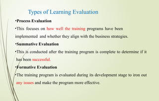 Types of Learning Evaluation
•Process Evaluation
•This focuses on how well the training programs have been
implemented and whether they align with the business strategies.
•Summative Evaluation
•This is conducted after the training program is complete to determine if it
has been successful.
•Formative Evaluation
•The training program is evaluated during its development stage to iron out
any issues and make the program more effective.
 