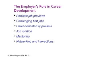 Dr.A.karthikeyan MBA.,Ph.D.,
The Employer’s Role in Career
Development
 Realistic job previews
 Challenging first jobs
 Career-oriented appraisals
 Job rotation
 Mentoring
 Networking and interactions
 