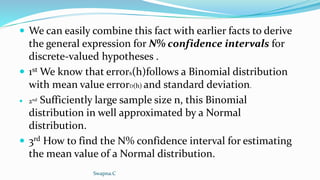  We can easily combine this fact with earlier facts to derive
the general expression for N% confidence intervals for
discrete-valued hypotheses .
 1st We know that errors(h)follows a Binomial distribution
with mean value errorD(h) and standard deviation.
 2nd Sufficiently large sample size n, this Binomial
distribution in well approximated by a Normal
distribution.
 3rd How to find the N% confidence interval for estimating
the mean value of a Normal distribution.
Swapna.C
 