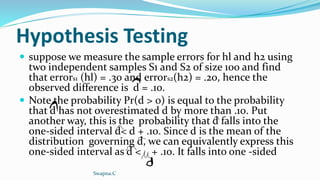 Hypothesis Testing
 suppose we measure the sample errors for hl and h2 using
two independent samples S1 and S2 of size 100 and find
that errors1 (hl) = .30 and errors2(h2) = .20, hence the
observed difference is d = .10.
 Note the probability Pr(d > 0) is equal to the probability
that d has not overestimated d by more than .10. Put
another way, this is the probability that d falls into the
one-sided interval d< d + .10. Since d is the mean of the
distribution governing d, we can equivalently express this
one-sided interval as d < + .10. It falls into one -sided
Swapna.C
 