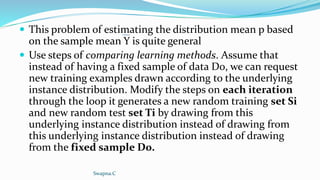  This problem of estimating the distribution mean p based
on the sample mean Y is quite general
 Use steps of comparing learning methods. Assume that
instead of having a fixed sample of data D0, we can request
new training examples drawn according to the underlying
instance distribution. Modify the steps on each iteration
through the loop it generates a new random training set Si
and new random test set Ti by drawing from this
underlying instance distribution instead of drawing from
this underlying instance distribution instead of drawing
from the fixed sample D0.
Swapna.C
 