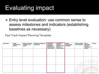  Entry level evaluation: use common sense to
assess milestones and indicators (establishing
baselines as necessary)
Evaluating Impact
Evaluating impact
 