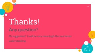 29
Thanks!
Any question?
Or suggestion? it will be very meaningful for our better
understanding.
 