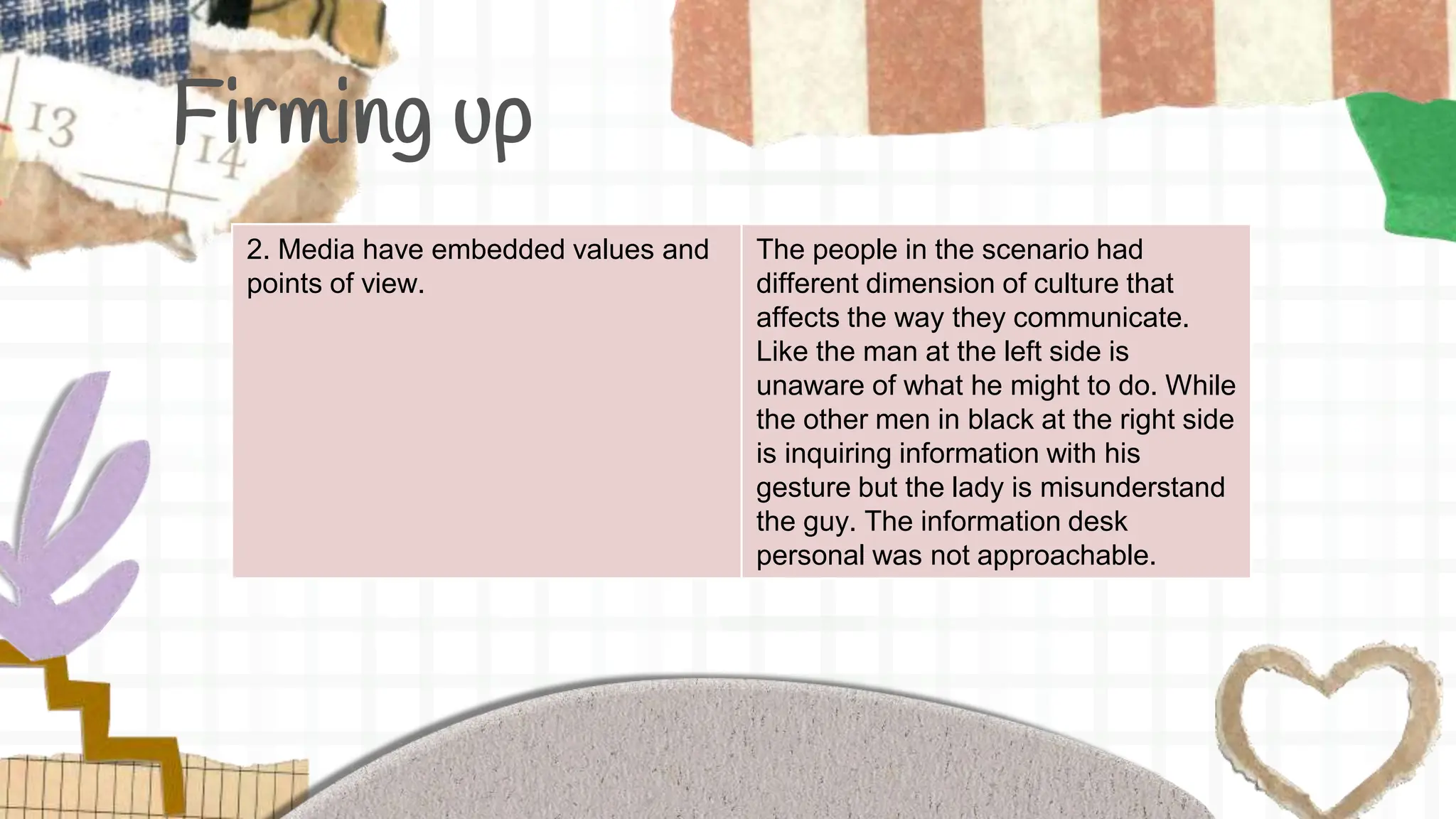 Firming up
2. Media have embedded values and
points of view.
The people in the scenario had
different dimension of culture that
affects the way they communicate.
Like the man at the left side is
unaware of what he might to do. While
the other men in black at the right side
is inquiring information with his
gesture but the lady is misunderstand
the guy. The information desk
personal was not approachable.
 