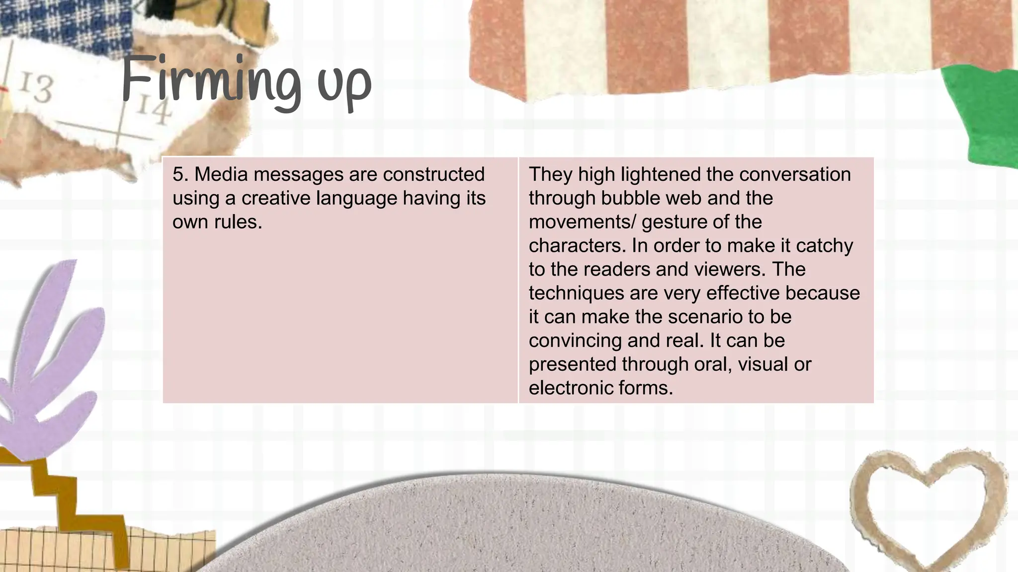 Firming up
5. Media messages are constructed
using a creative language having its
own rules.
They high lightened the conversation
through bubble web and the
movements/ gesture of the
characters. In order to make it catchy
to the readers and viewers. The
techniques are very effective because
it can make the scenario to be
convincing and real. It can be
presented through oral, visual or
electronic forms.
 
