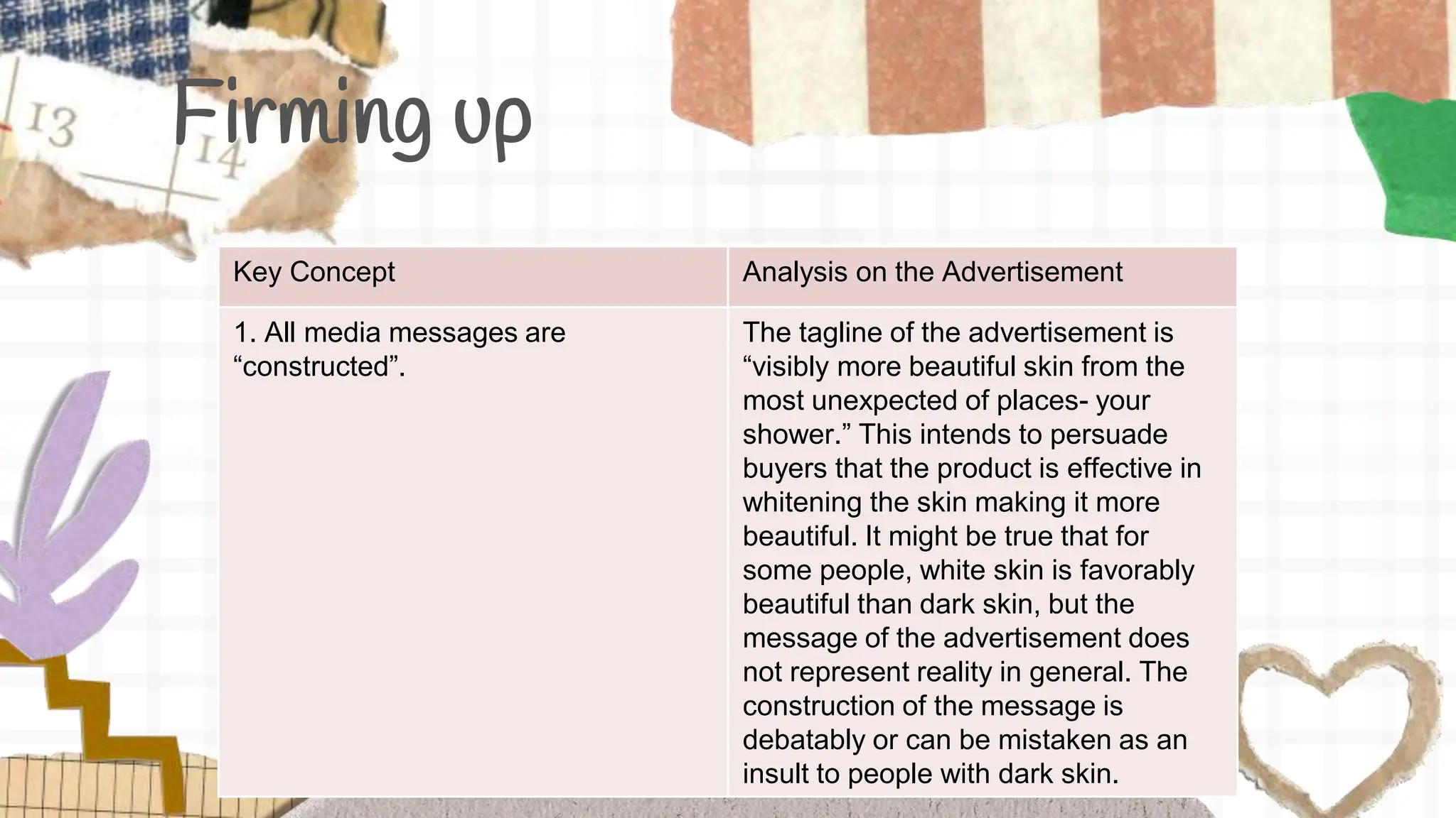 Firming up
Key Concept Analysis on the Advertisement
1. All media messages are
“constructed”.
The tagline of the advertisement is
“visibly more beautiful skin from the
most unexpected of places- your
shower.” This intends to persuade
buyers that the product is effective in
whitening the skin making it more
beautiful. It might be true that for
some people, white skin is favorably
beautiful than dark skin, but the
message of the advertisement does
not represent reality in general. The
construction of the message is
debatably or can be mistaken as an
insult to people with dark skin.
 