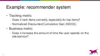 17
Example: recommender system
• Tracking metric
- Does it rank items correctly, especially for top items?
- Normalized Discounted Cumulative Gain (NDCG)
• Business metric
- Does it increase the amount of time the user spends on the
site/service?
 