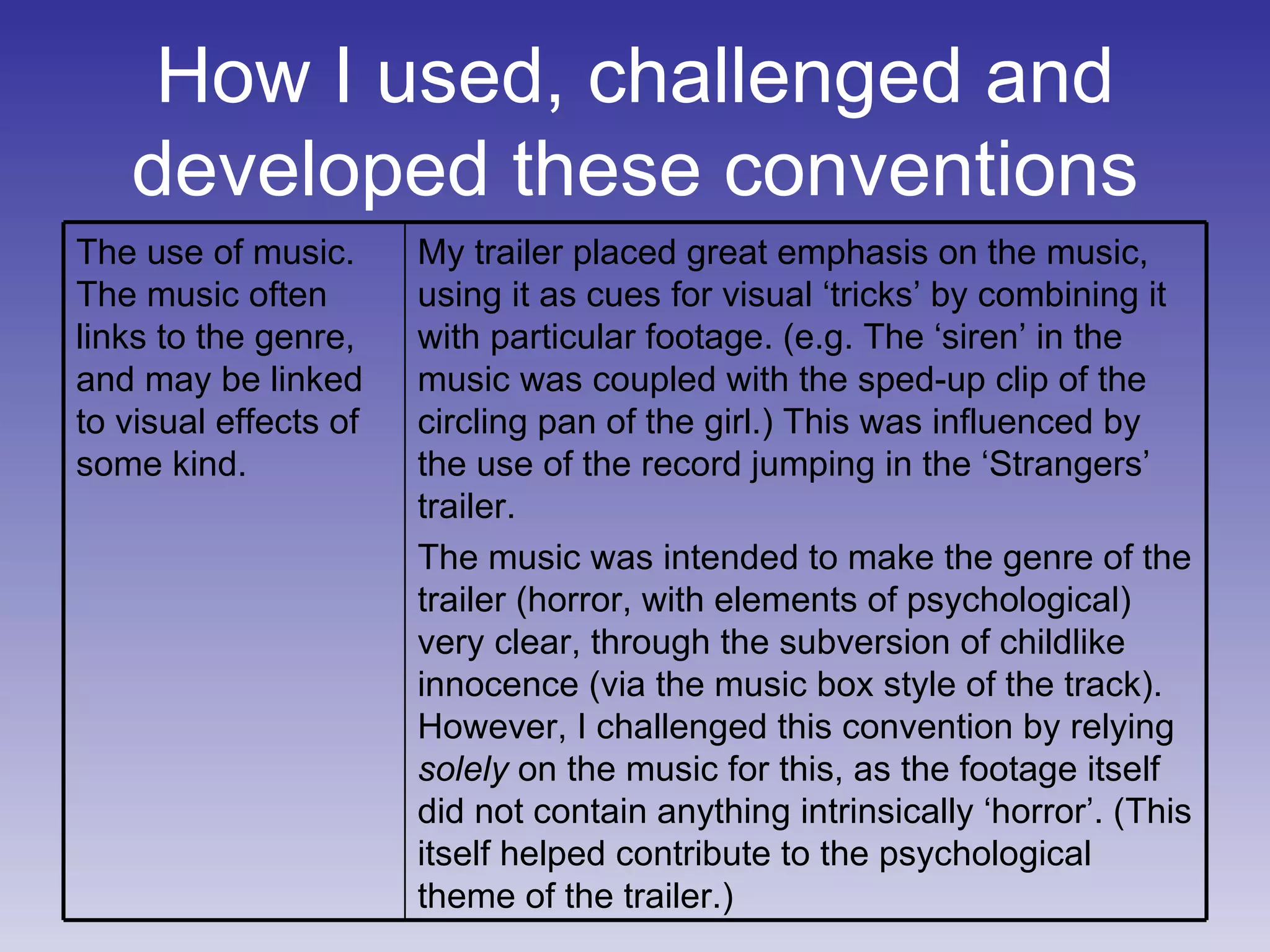 How I used, challenged and developed these conventions My trailer placed great emphasis on the music, using it as cues for visual ‘tricks’ by combining it with particular footage. (e.g. The ‘siren’ in the music was coupled with the sped-up clip of the circling pan of the girl.) This was influenced by the use of the record jumping in the ‘Strangers’ trailer. The music was intended to make the genre of the trailer (horror, with elements of psychological) very clear, through the subversion of childlike innocence (via the music box style of the track). However, I challenged this convention by relying  solely  on the music for this, as the footage itself did not contain anything intrinsically ‘horror’. (This itself helped contribute to the psychological theme of the trailer.) The use of music. The music often links to the genre, and may be linked to visual effects of some kind. 
