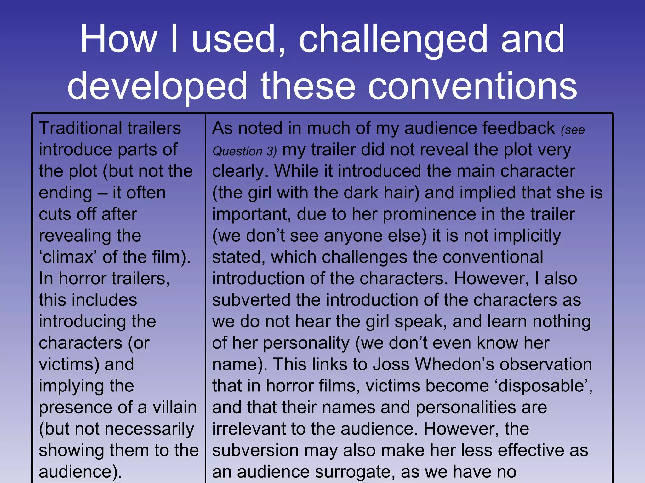How I used, challenged and developed these conventions As noted in much of my audience feedback  (see Question 3)  my trailer did not reveal the plot very clearly. While it introduced the main character (the girl with the dark hair) and implied that she is important, due to her prominence in the trailer (we don’t see anyone else) it is not implicitly stated, which challenges the conventional introduction of the characters. However, I also subverted the introduction of the characters as we do not hear the girl speak, and learn nothing of her personality (we don’t even know her name). This links to Joss Whedon’s observation that in horror films, victims become ‘disposable’, and that their names and personalities are irrelevant to the audience. However, the subversion may also make her less effective as an audience surrogate, as we have no Traditional trailers introduce parts of the plot (but not the ending – it often cuts off after revealing the ‘climax’ of the film). In horror trailers, this includes introducing the characters (or victims) and implying the presence of a villain (but not necessarily showing them to the audience). 