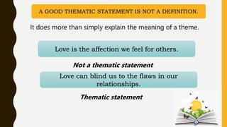A GOOD THEMATIC STATEMENT IS NOT A DEFINITION.
Love is the affection we feel for others.
It does more than simply explain the meaning of a theme.
Not a thematic statement
Love can blind us to the flaws in our
relationships.
Thematic statement
 