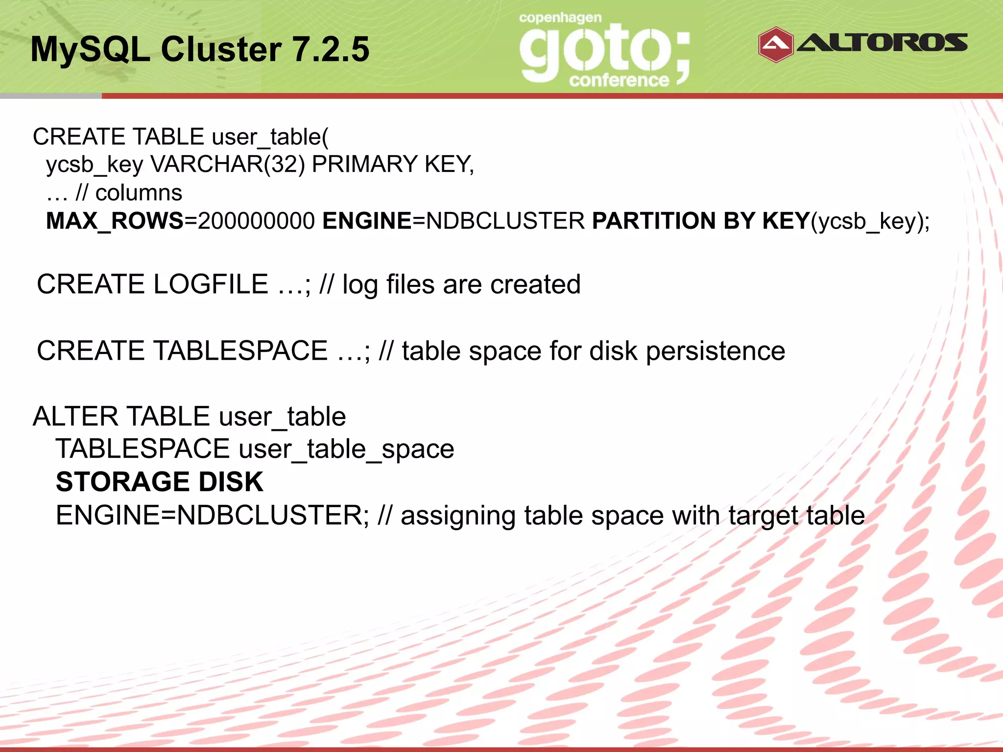 MySQL Cluster 7.2.5

CREATE TABLE user_table(
 ycsb_key VARCHAR(32) PRIMARY KEY,
 … // columns
 MAX_ROWS=200000000 ENGINE=NDBCLUSTER PARTITION BY KEY(ycsb_key);

CREATE LOGFILE …; // log files are created

CREATE TABLESPACE …; // table space for disk persistence

ALTER TABLE user_table
 TABLESPACE user_table_space
 STORAGE DISK
 ENGINE=NDBCLUSTER; // assigning table space with target table




                            © ALTOROS Systems | CONFIDENTIAL
 