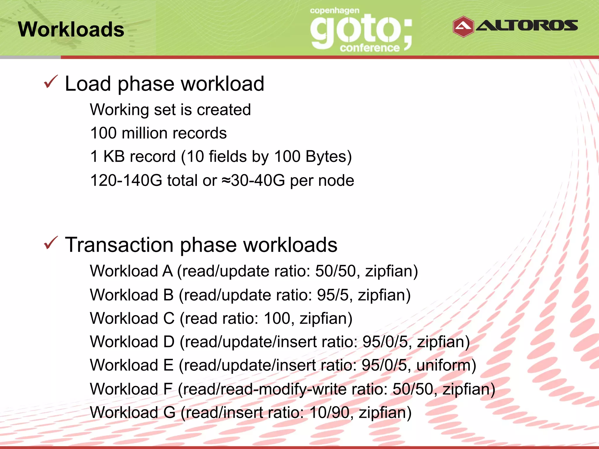 Workloads

  ü  Load phase workload
      Working set is created
      100 million records
      1 KB record (10 fields by 100 Bytes)
      120-140G total or ≈30-40G per node



  ü  Transaction phase workloads
      Workload A (read/update ratio: 50/50, zipfian)
      Workload B (read/update ratio: 95/5, zipfian)
      Workload C (read ratio: 100, zipfian)
      Workload D (read/update/insert ratio: 95/0/5, zipfian)
      Workload E (read/update/insert ratio: 95/0/5, uniform)
      Workload F (read/read-modify-write ratio: 50/50, zipfian)
      Workload G (read/insert ratio: 10/90, zipfian)
                           © ALTOROS Systems | CONFIDENTIAL
 