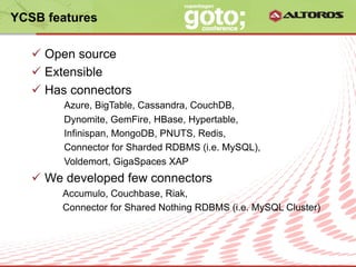 YCSB features

   ü  Open source
   ü  Extensible
   ü  Has connectors
        Azure, BigTable, Cassandra, CouchDB,
        Dynomite, GemFire, HBase, Hypertable,
        Infinispan, MongoDB, PNUTS, Redis,
        Connector for Sharded RDBMS (i.e. MySQL),
        Voldemort, GigaSpaces XAP
   ü  We developed few connectors
        Accumulo, Couchbase, Riak,
        Connector for Shared Nothing RDBMS (i.e. MySQL Cluster)



                         © ALTOROS Systems | CONFIDENTIAL
 